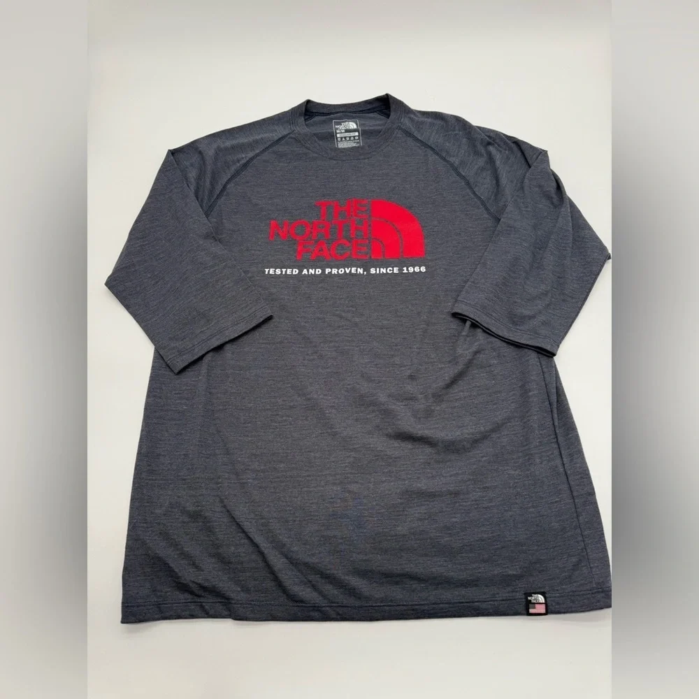 Men’s North Face Heather Blue T-Shirt 3/4 Sleeve Red Logo Standard Fit Sz M